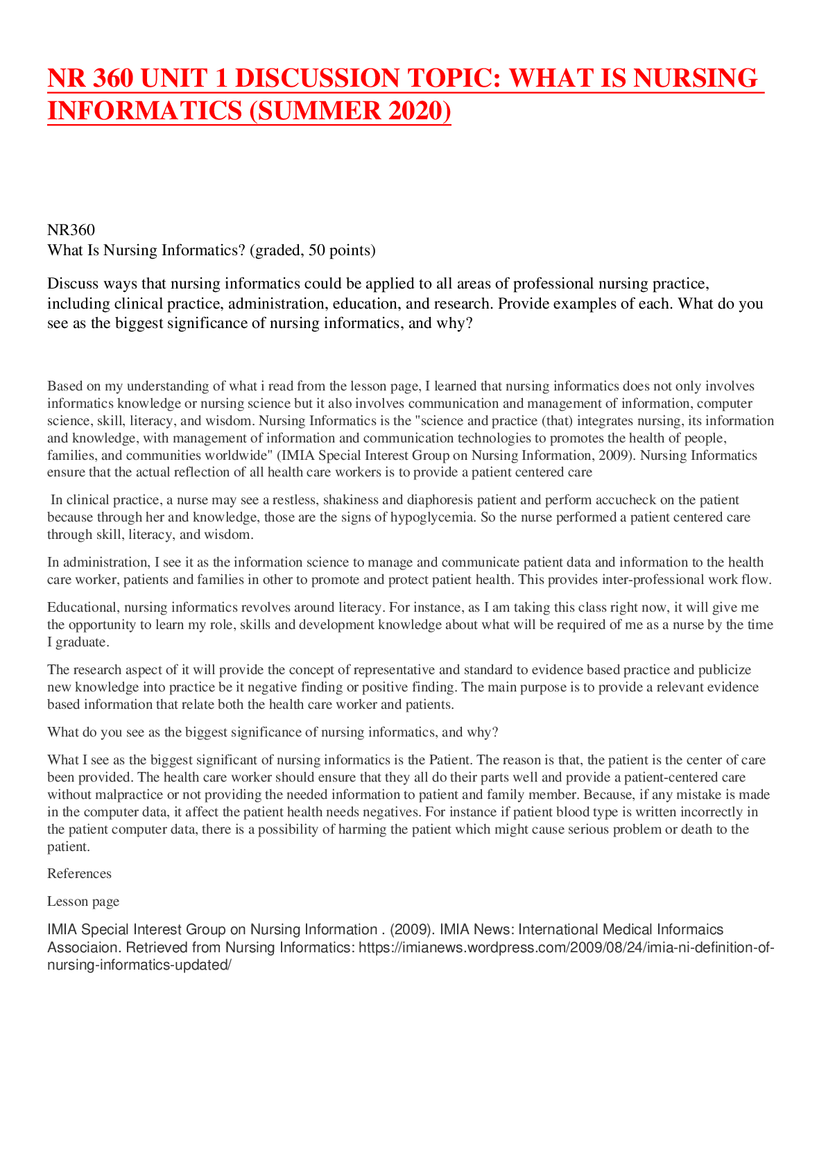 Preview image for NR 360 UNIT 1 DISCUSSION TOPIC: WHAT IS NURSING INFORMATICS (SUMMER 2020)